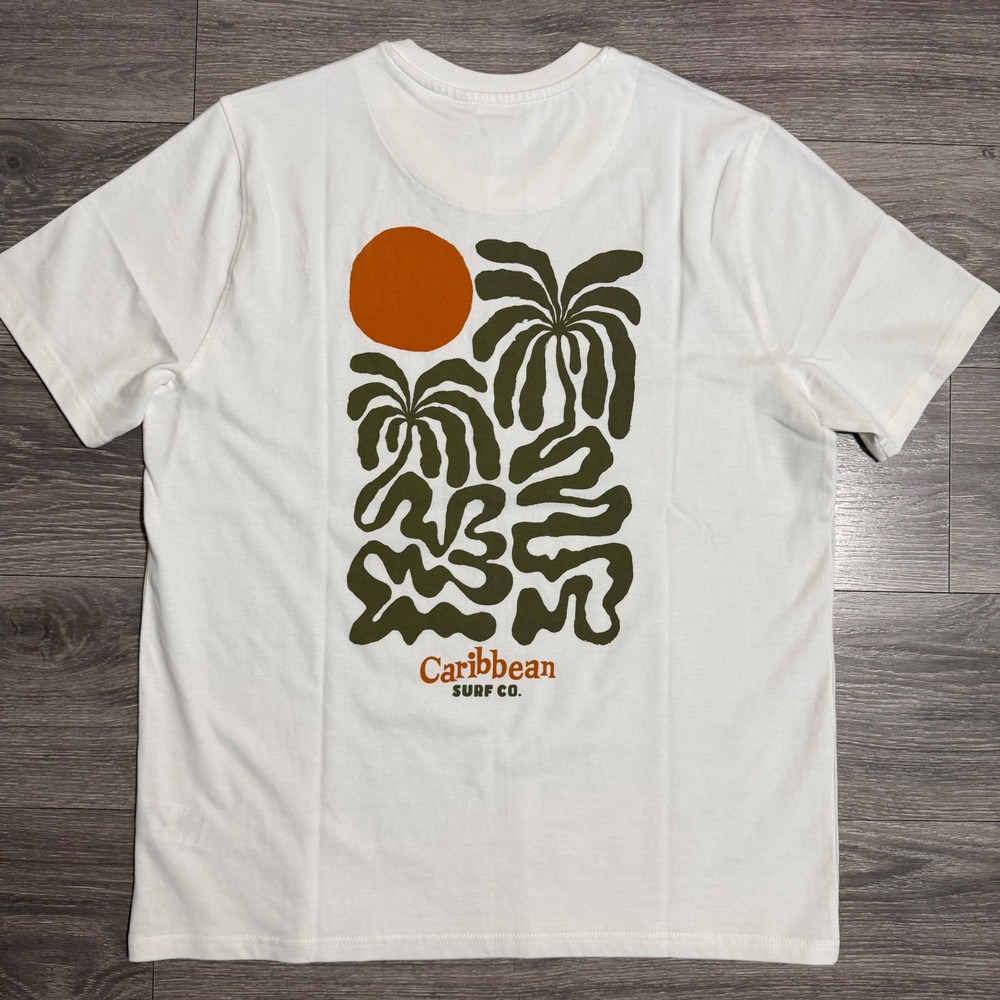 Common People Mens Size L Palms Print Tee Ecru Caribbean Surf Co Graphic Beach